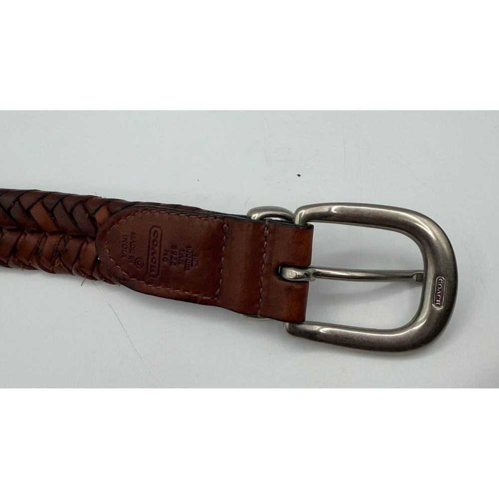Coach Brown Braided Leather Belt Size 40 Woven Leather Silver Buckle Made In Ind - Picture 6 of 6